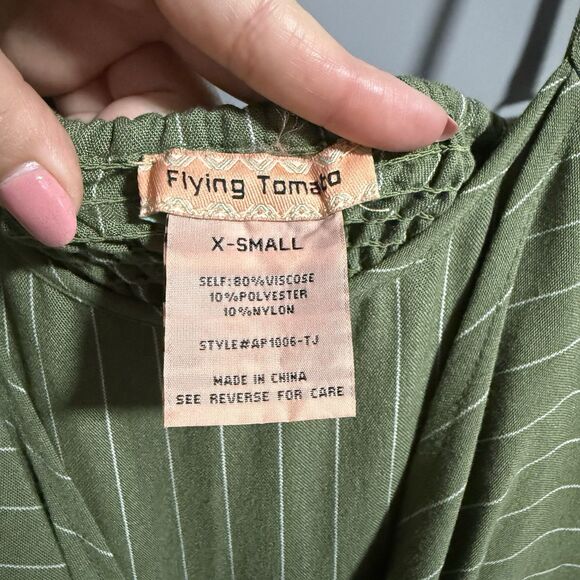 Flying Tomato Wide Leg Pinstripe Tie Front Keyhole Back Strap Jumpsuit Green XS - Picture 7 of 8